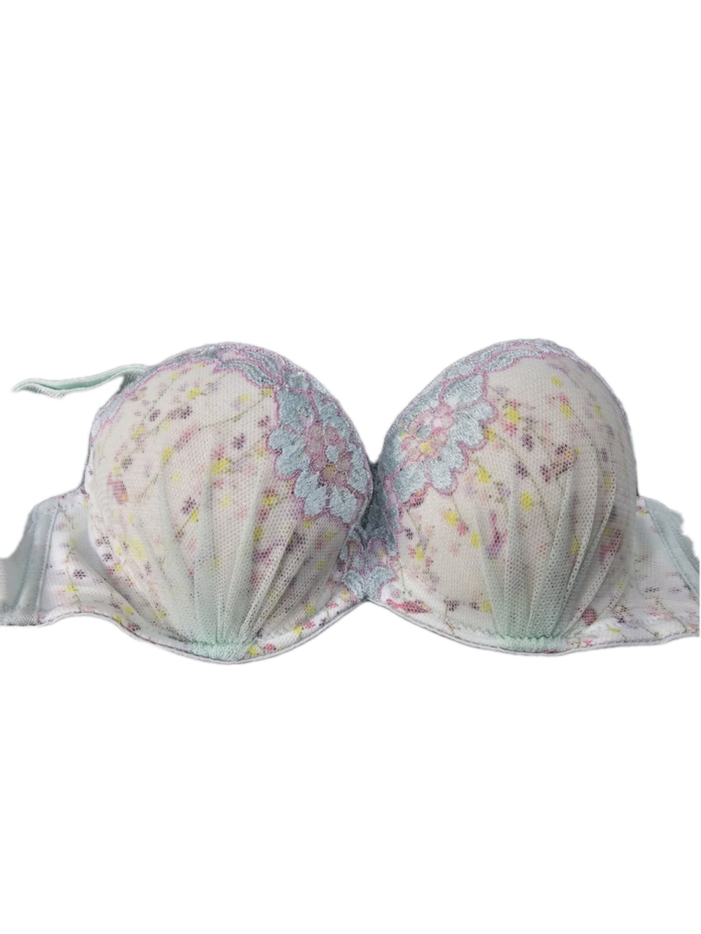 floral embroidered push-up bra, delicate light blue and pink Pattern 34A